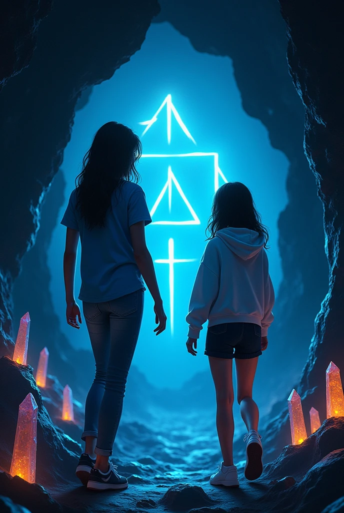 Inside a dimly lit cave, two young women discover a hidden entrance with glowing symbols. One wears a blue shirt and jeans, the other a white hoodie and black shorts. Bioluminescent fungi and crystals faintly illuminate the cave.