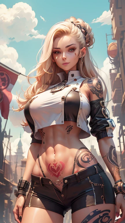 Woman with cybernetic body parts, shorts, (((huge breasts: 1))), beautiful face, masterpiece, stylish hairstyle, ((salute pose, from front)), ((flag background)), ((looking at viewers, facing the viewers)), slim body, (((slim waist))), (((masterpiece))), hd picture, beautiful face, bare navel, outdoor scenery, sky, clouds, blonde, tied hair, long hair, (((ultra detail face))), ((womb tattoo)), standing, (spread legs), smile, (white top, black bottom), (wide hips), hand on hip, unbuttoned shorts