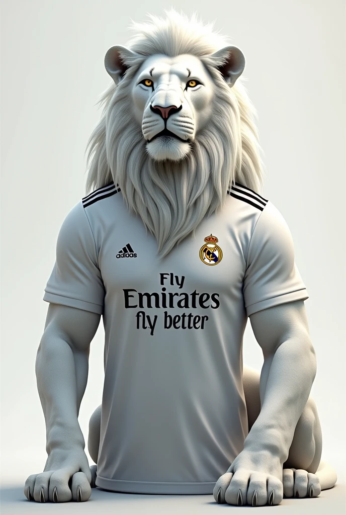 Real Madrid's football jersey and there is a "Emirtaes Fly Better" word in the middle of the jersey. And big white lion is wearing this jersey