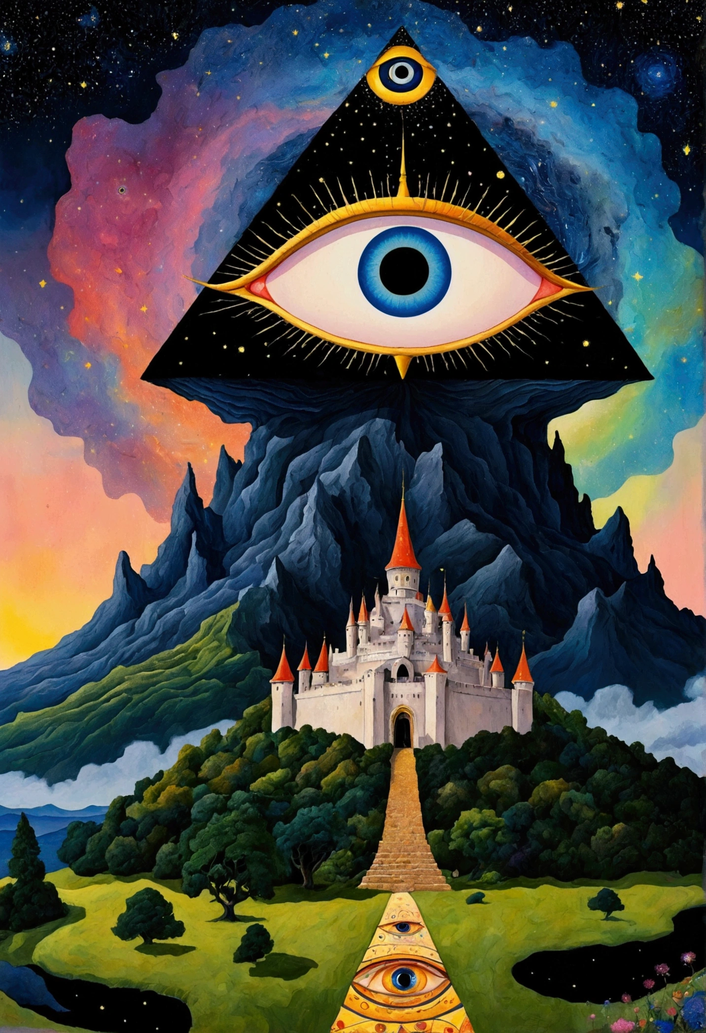 There is a big eye in the painting,There is a castle in the background, Colorful black,Starry Sky,Surrealism inspired by Nagai Hiroshi, Winner of the Behance competition, Minimalism, Portrait of a mysterious giant eye, All-Seeing Eye, Third Eye Vision, Fred Tomaselli, Paul Lafley, Fantasy painting, Mysterious eyes, The Third Eye, Highly detailed fantasy art, Mysterious Eye