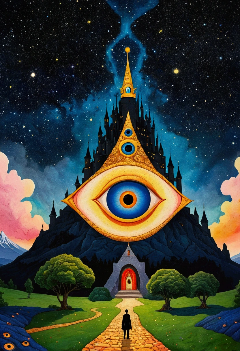 There is a big eye in the painting,There is a castle in the background, Colorful black,Starry Sky,Surrealism inspired by Nagai Hiroshi, Winner of the Behance competition, Minimalism, Portrait of a mysterious giant eye, All-Seeing Eye, Third Eye Vision, Fred Tomaselli, Paul Lafley, Fantasy painting, Mysterious eyes, The Third Eye, Highly detailed fantasy art, Mysterious Eye