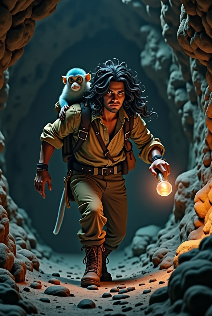 A twenty-five year old man in a hurry, with black hair, curly and long to the shoulders. green eyes. walks through a dark cave with a torch in his hand. On his shoulder is a small blue-furred pygmy monkey.. photorealistic