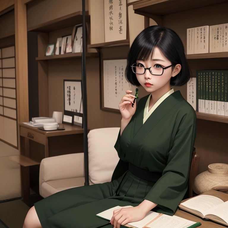 Japanese girl with light skin, green monolid eyes, a soft round face, glossy lips, thick long deep black, big round black wire frame glasses, wearing a Japanese school uniform in a Japanese city