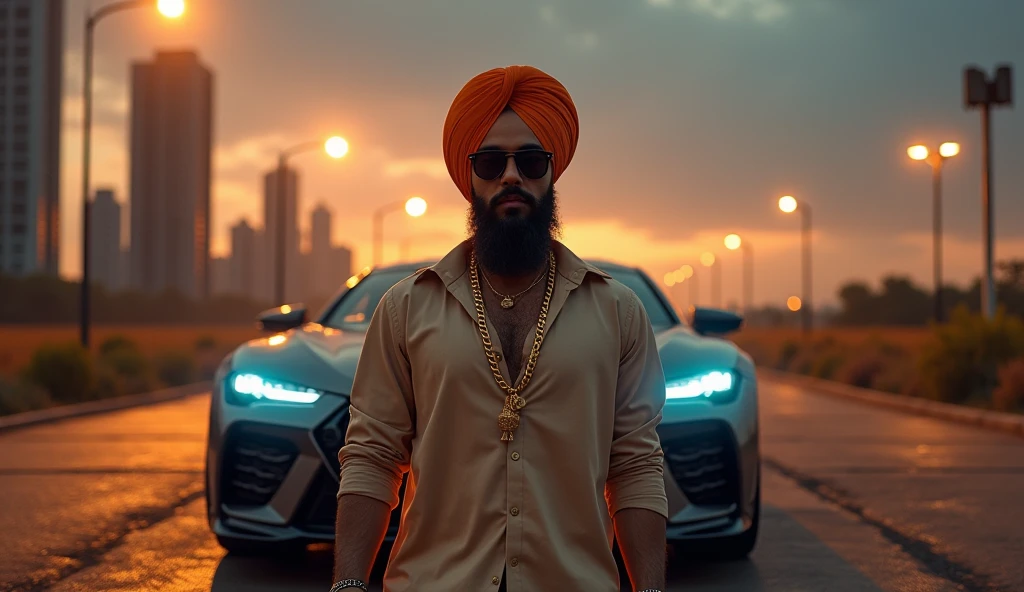 Here’s a detailed image prompt based on the song "King of the Streets":
"A confident Punjabi man in his mid-20s stands in front of a sleek, luxury car, exuding pride and swagger. He wears traditional Punjabi attire with a modern twist: a stylish kurta paired with designer sunglasses and a gold chain. The backdrop is an urban setting, with a mix of modern city skyscrapers and hints of rural elements like fields in the distance, symbolizing his roots. The scene is illuminated by the glow of streetlights, highlighting the boldness in his expression. Surrounding him are subtle symbols of power and wealth, like stacks of cash, gold bars, and a traditional sword leaning against the car. The sky is dusky, with a blend of orange and purple hues, giving the scene a dramatic, high-class feel."
This should capture the essence of the song, blending modern luxury with traditional Punjabi elements.