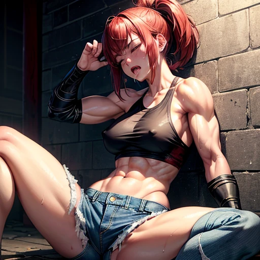 a japanese female streetfighter is beated down in the backstreet. A bloodied and bruised female fighter sits with her legs spread. She is cornered against the wall and has a lot of punches from the male fighter. she has lost. she has no will to fight. she has big pain. she is crying. she is damaged terribry. Short-cut black hair, out of breath, drooling from mouth, one eye is closed, exhausted, drenched in sweat. Erect nipples, open finger glove, Whittled waistline, muscular, six-pack abs, Ragged tanktop and denim shorts.