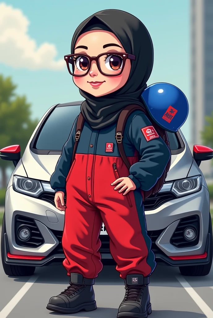 chubby girl with glasses wearing black hijab. wearing red and dark blue oil and gas coverall. black backpack, blue helmet with JPE logo font in red. modified silver honda jazz gk5 RS 2018 background. cartoon.