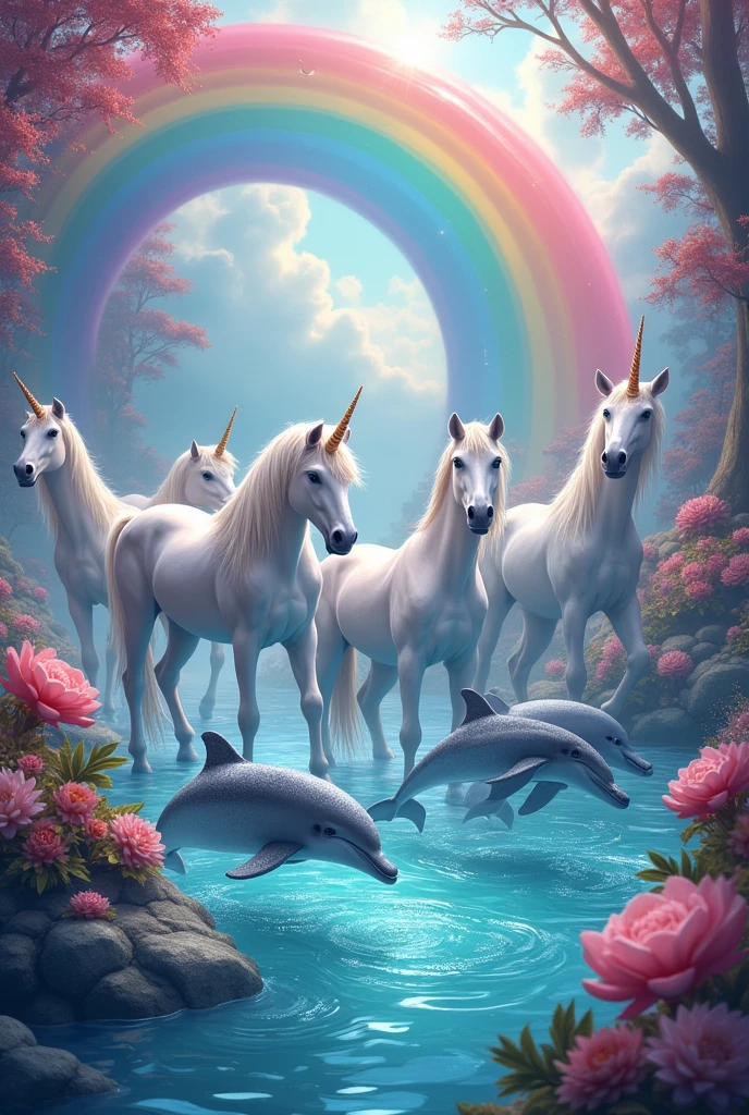 Dolphins and unicorns in a colorful place with rainbows