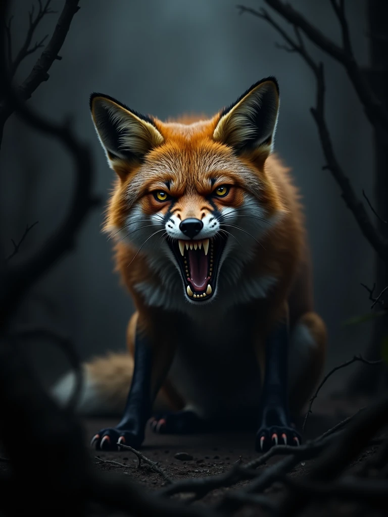 A fierce fox baring its teeth in a dark place