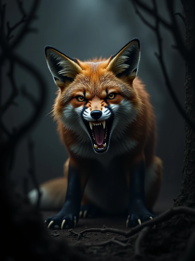 A fierce fox baring its teeth in a dark place