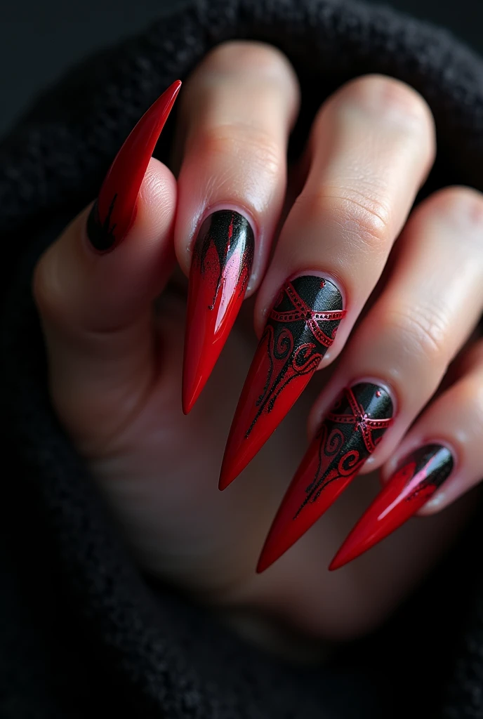 Red nails with vampire design 