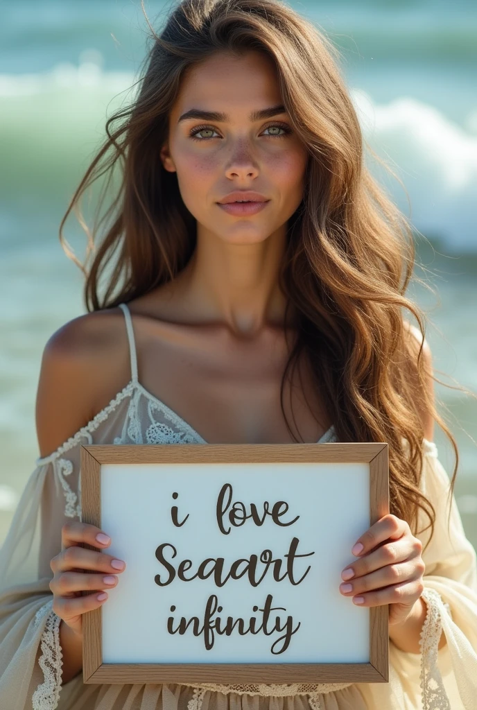 Beautiful girl with wavy long hair, bohemian dress, holding a white board with text "I Love Seaart Infinity" and showing it to the viewer