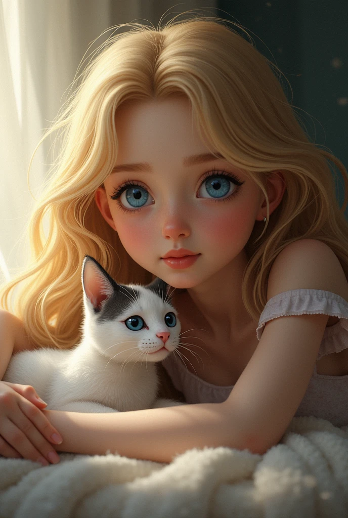Blonde with blue eyes with a white and gray cat named Osvaldo