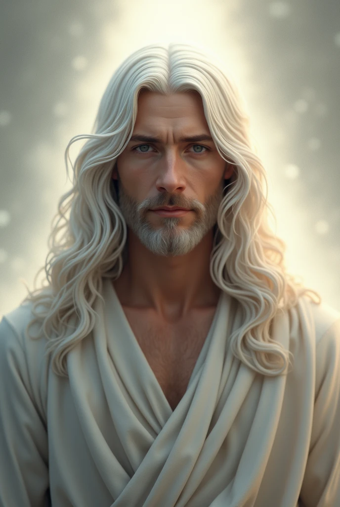 Jesus with the face of a Jew, hair as white as snow and eyes of fire, with a serious face who will judge with justice, with the face of a young man and without jewelry, with divine clothing