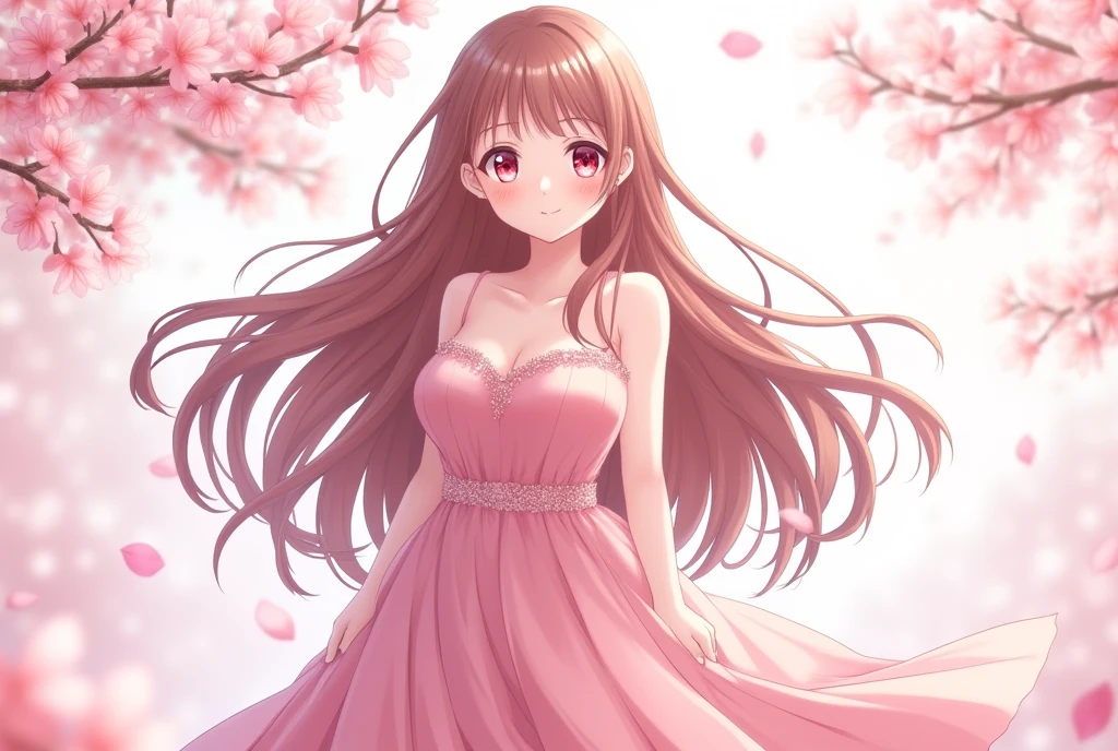 Pink brown hair,Long Hair,Pink Eyes,Drooping eyes,Large Breasts, smile, daughter,pink prom dresses,Anime Style,Moe character,cute,1,清楚系cherry blossoms,cherry blossoms
