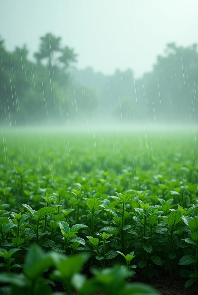 Barish ho rhee h dur dur tk khet h or pure khet me chhote chhote podhe h