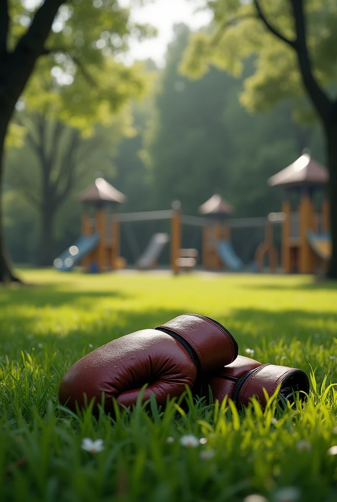 Karate gloves on play ground after training grass ground