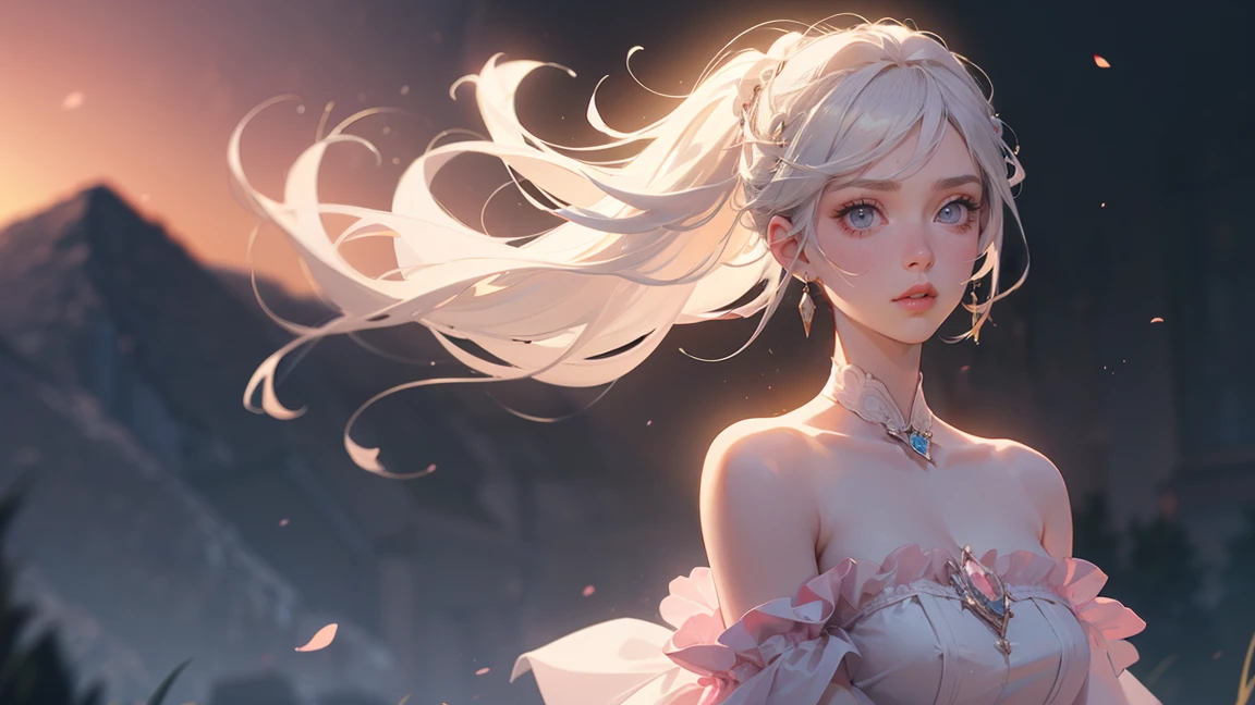 (extremely detailed CG unity 8k wallpaper, best quality, masterpiece, emilie_t8, off shoulder, russian girl, white hair, pink crop top, photorealistic, cinematic lighting, dramatic lighting, volumetric lighting, intricate details, delicate features, porcelain skin, piercing blue eyes, elegant pose, alluring expression, soft pink lips, detailed fabric and textures, beautiful background scenery, sweeping landscape)