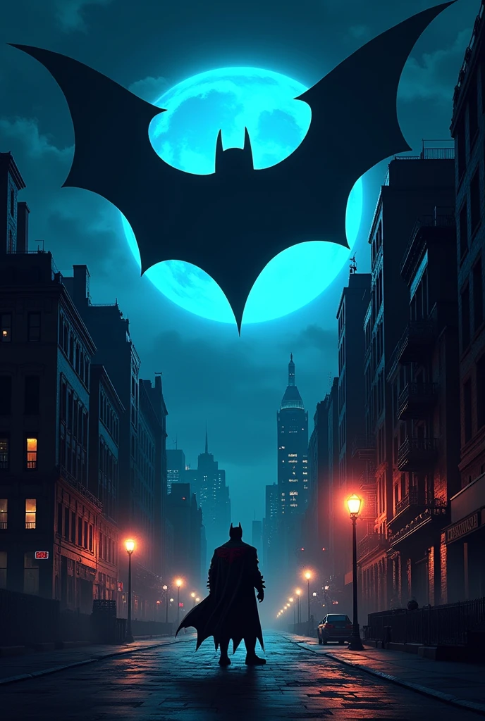 gotham city la nuit avec une bat-projection dans le ciel ou y'a ecrit Gotham Coffe35 en cartoon