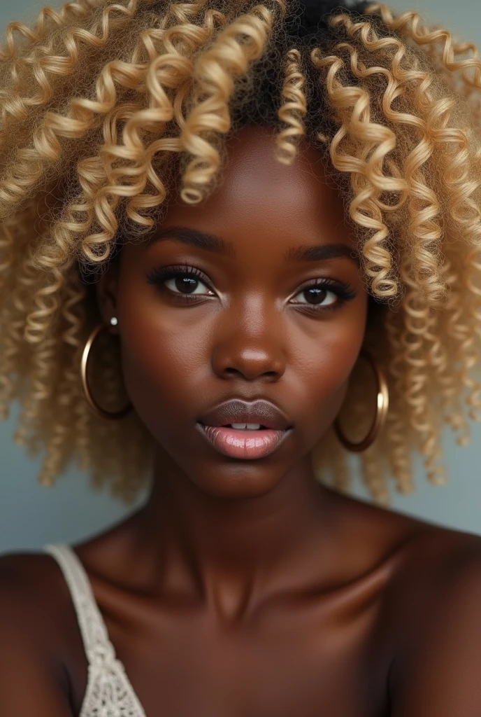 Black woman with natural curly blonde hair from birth