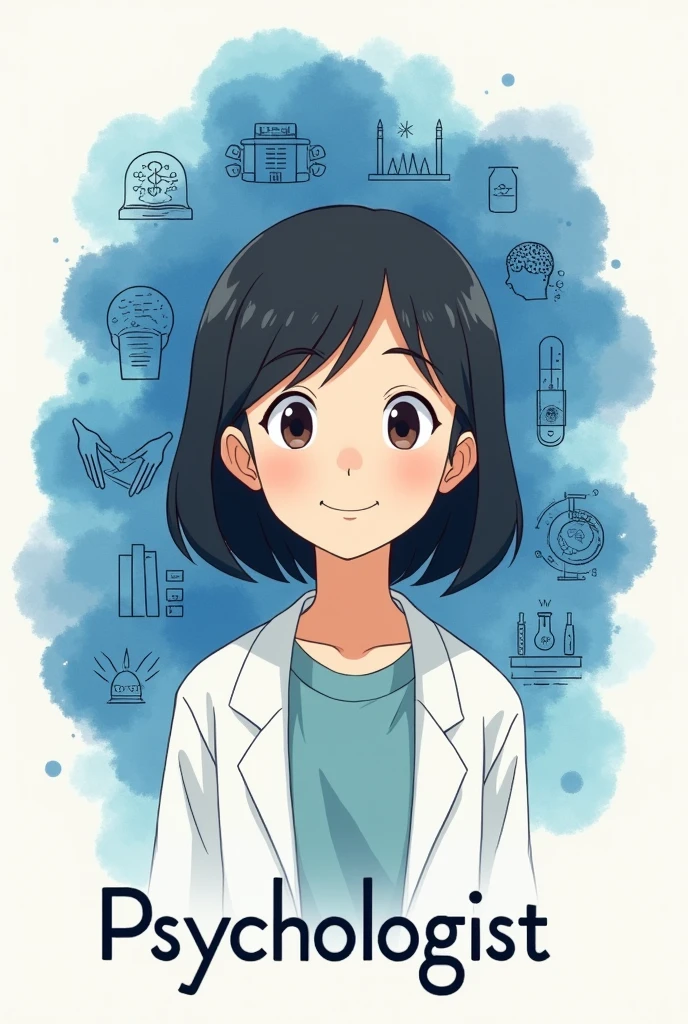 Hello, I want an animated image like Studio Ghibli of a psychologist with slanted eyes, shoulder length hair, dark brown eyes, young, smiling and tender. Let the image be full body . I also want a watercolor in the shape of a blue cloud in the background, that surrounds it and that within it there are achievements of psychology, also a text that says psychologist