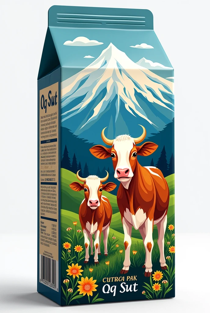 Tetra Pak milk packaging design , with an accent from Uzbekistan , with cows , mountains, snow on the mountains ,name OQ SUT