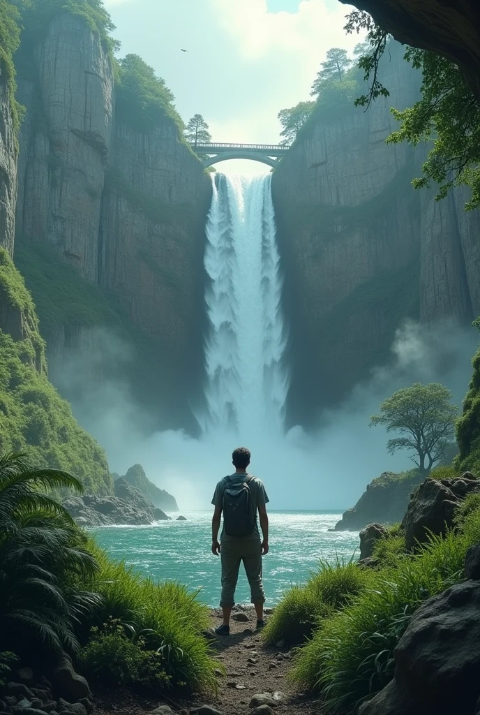 A man in the ground and see waterfall 