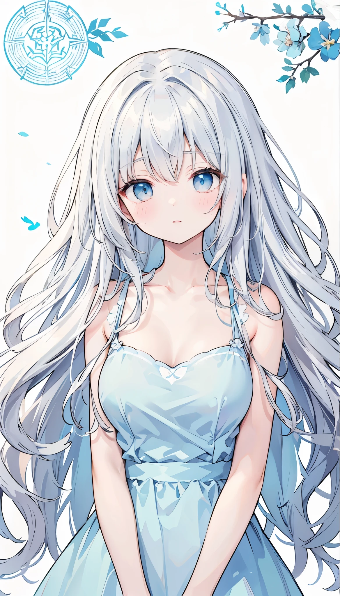 long hair　Gray Hair　The hair is fluffy and voluminous　Eyes are light blue　A gentle and calm appearance　Fair skin　The clothes are light blue dresses　No sleeve　Petite　Stylish　Large breasts
