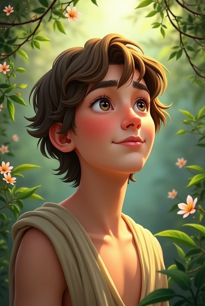 adam the first man in earth (half body with more brightness and nature and cartooned 10% less masculine)