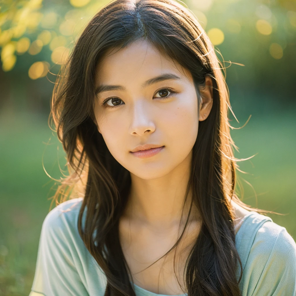 A hyper-realistic image of a single Japanese woman in her early 20s, captured with the nostalgic warmth and subtle graininess of a film camera. Her skin has a warm beige tone with a natural, slightly rough texture that includes visible pores, fine lines, and subtle imperfections such as small blemishes, adding to the authenticity of her appearance. The soft, diffused natural light enhances the film-like quality, casting gentle shadows that create a timeless, organic feel. Her straight, glossy black hair frames her face in a natural, slightly tousled manner, and her deep brown eyes reflect the ambient light, adding depth and emotion. The film camera effect introduces a slight grain and a softer focus, giving the image a warm, nostalgic atmosphere while maintaining the realistic texture of her skin. She is dressed simply, in a way that complements her natural beauty, with the overall composition designed to evoke a sense of genuine, understated elegance. The use of natural light, combined with the deliberately rougher texture of her skin and the film-like qualities, ensures that this image captures the imperfections that make her beauty truly lifelike, focusing solely on this one individual.