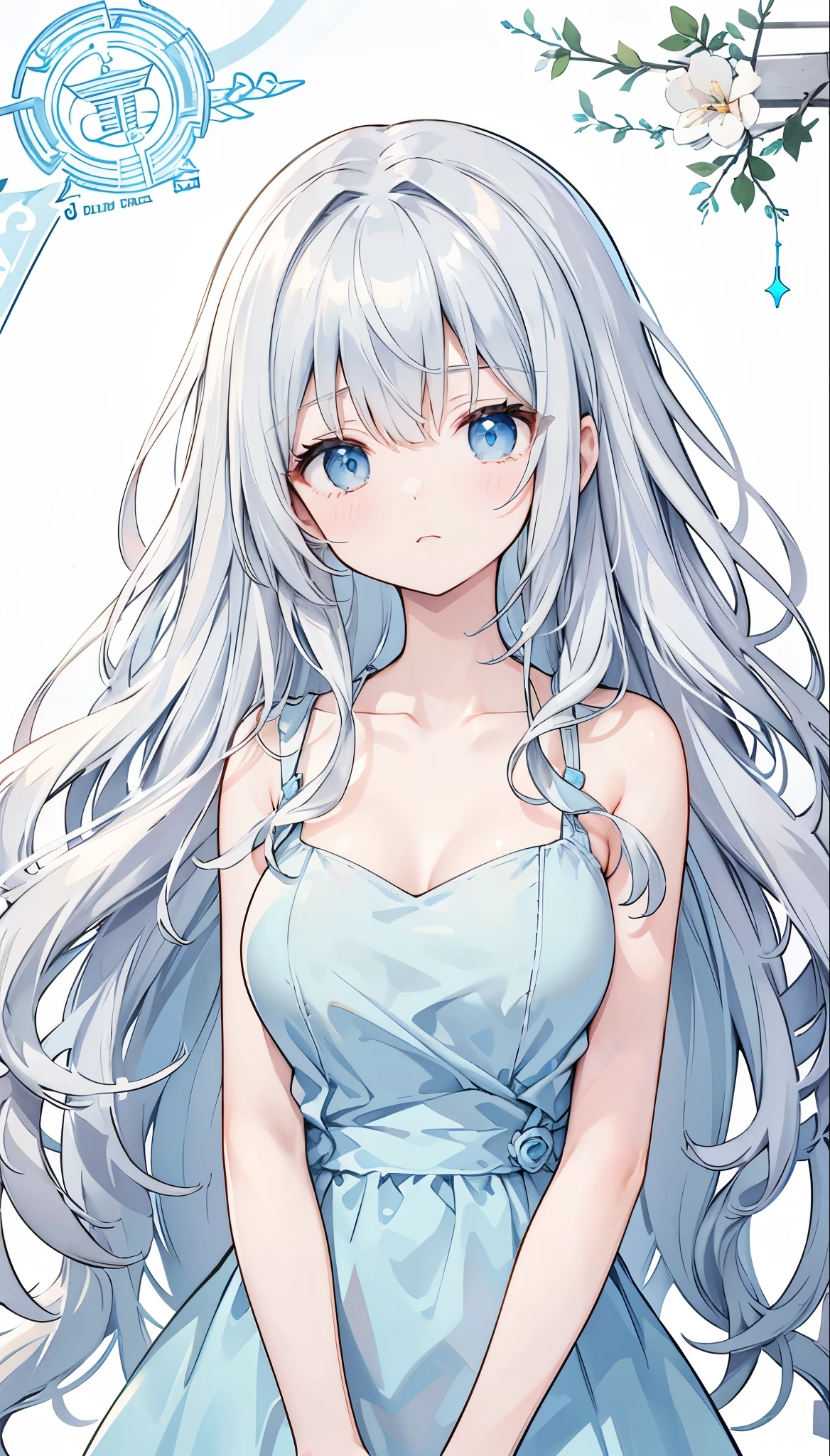 long hair　Gray Hair　The hair is fluffy and voluminous　Eyes are light blue　A gentle and calm appearance　Fair skin　The clothes are light blue dresses　No sleeve　Petite　Stylish　Large breasts