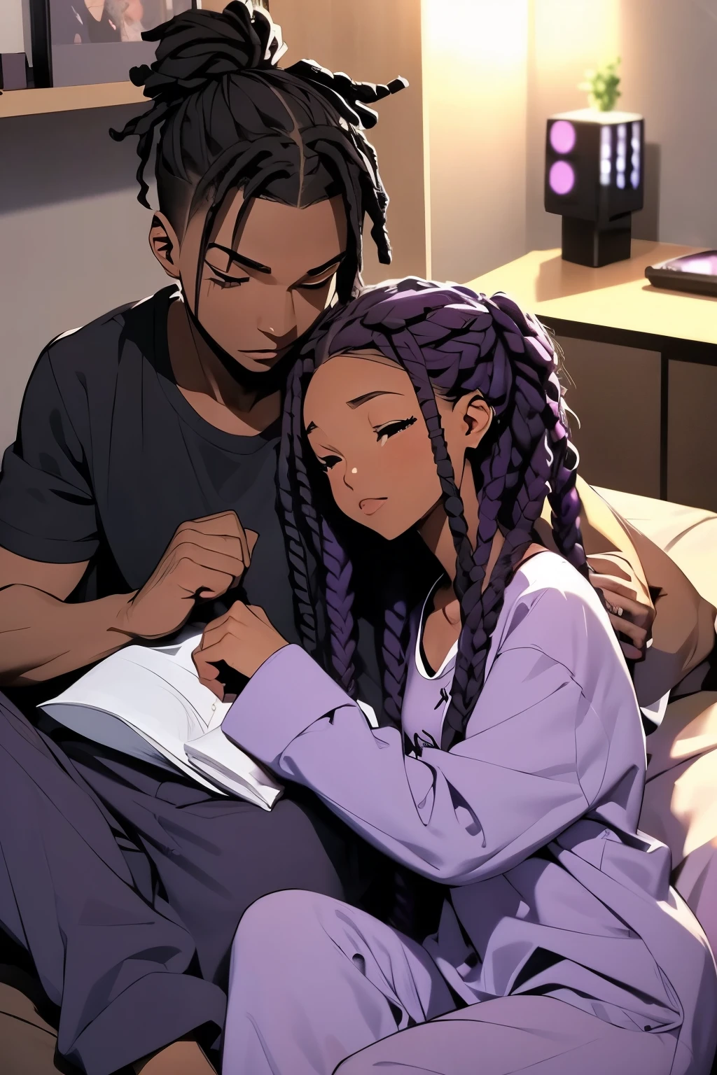 just a gaming black couple that like to sleep a lot ,pajama purple, dradlocks
