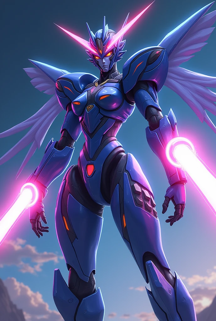 anime, Giant Robot, Uplifting,Junmin, A full-body image of an indigo and navy blue female super robot fighting with lasers coming out of its hands, slender, Simple Background,universe, 