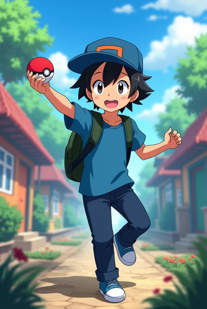 A 1 boy with a blue shirt, a dark green backpack, dark blue jeans, blue sneakers, straight messy black hair, black eyes, white skin, straight messy black hair, a blue cap and holds a pokeball in one hand and is anime