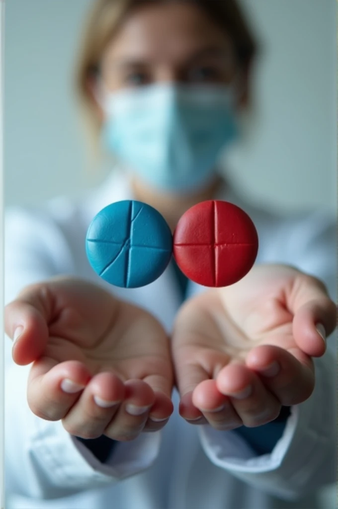 A blue tablet in one hand and a red tablet in the other hand