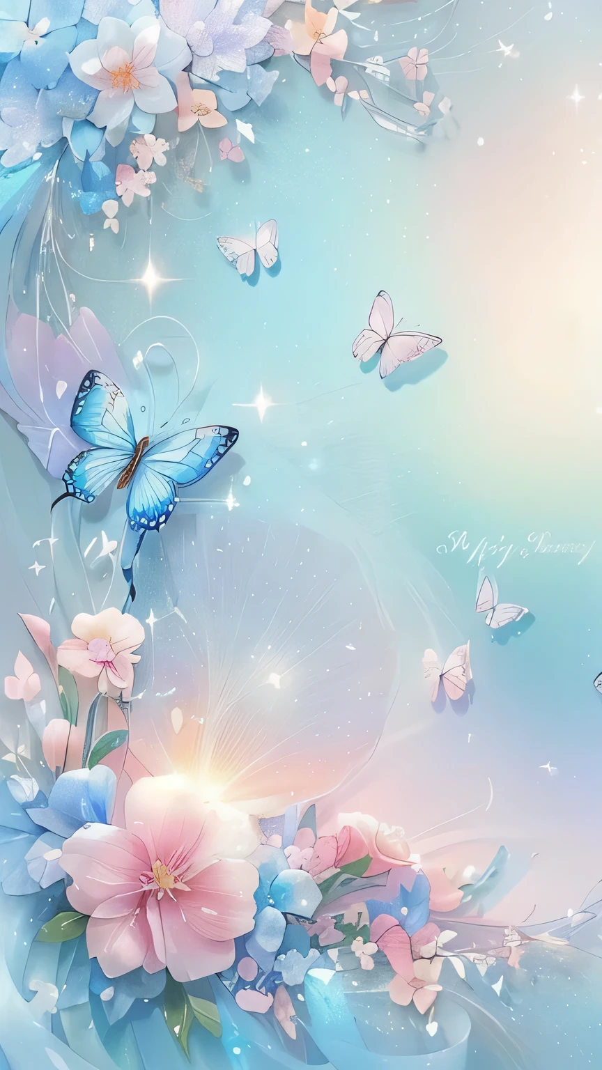 A blue butterfly and pink flowers flying in the sky。, Butterfly and sunshine, Magical fairy tale background, Very magical and dreamy, flowers and butterflies, Glowing Butterfly, Glowing blue butterfly, Magic Background, Butterflies flutter in the air, Aesthetically cute and elegant, butterflies and birds, Dreamy and detailed, Butterfly, blue and pink, Soft colors, Butterflies fly