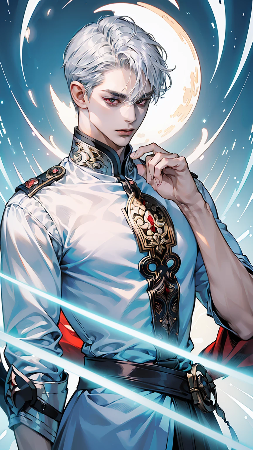 ((best quality)), ((ultra high definition)), ((masterpiece)), ((Romance Fantasy)), ((illustration)), (detailed), (clear), (Perfect), 1 man, chic, sexy, beautiful, a cold expression, Short Silver Hair, white skin, sharp eyes, red eyes, Deep double eyelids, muscular, Emperor&#39;s clothing, clenched fist, standing, looking down, shot taken from below, cold filter