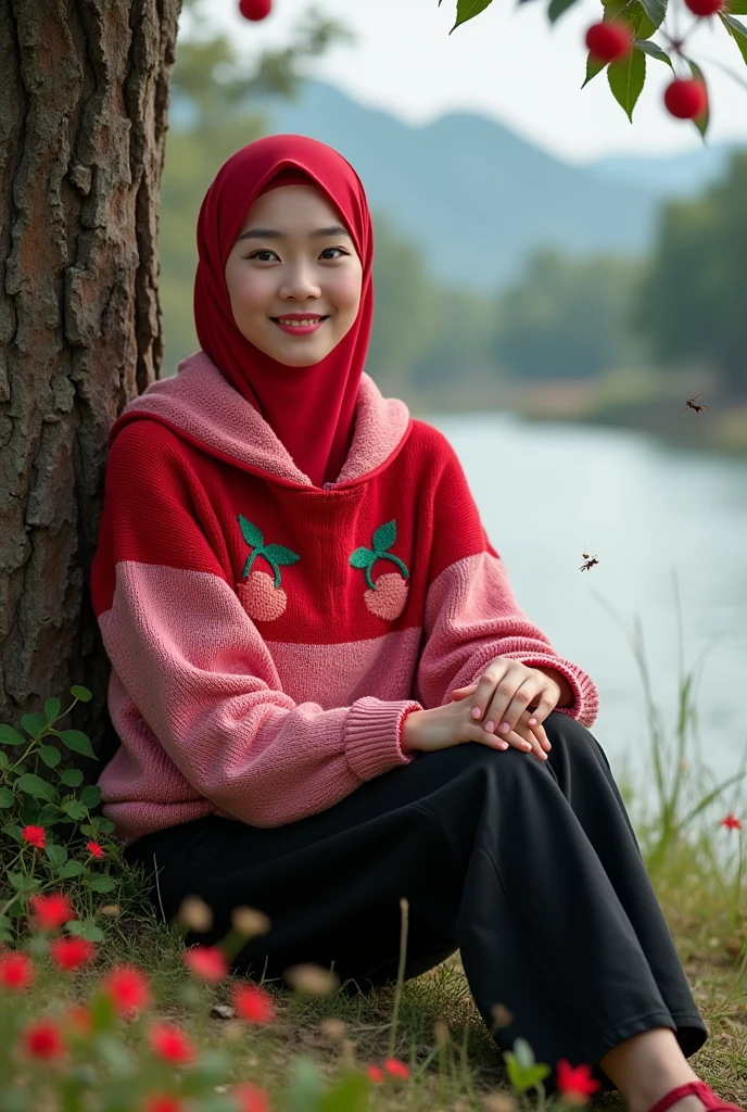 Beautiful Korean girl with white skin. Well-groomed face, sweet smile, sitting leaning under a shady tree trunk, surrounded by small red flowers, there are realistic red ants, smiling slightly, red hijab with a combination of pink, red knitted hoodie with a combination of pink motifs decorated with cherry motifs, black cropped trousers with lots of pockets, background wide rivers and mountains and trees, original and realistic photos