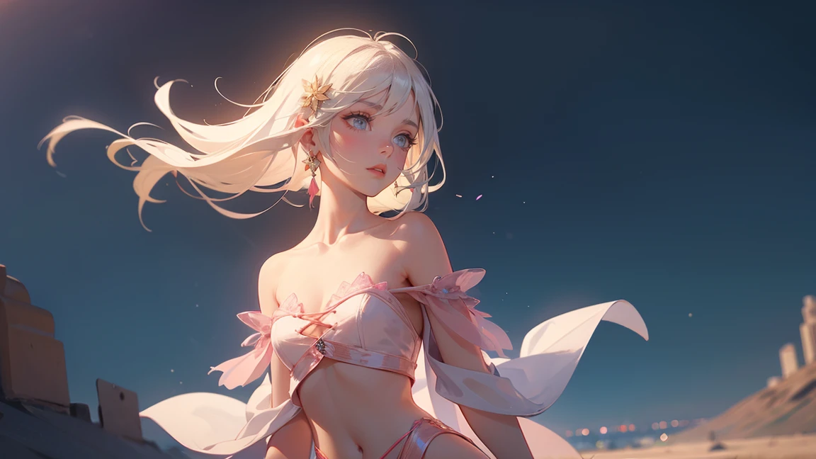 (extremely detailed CG unity 8k wallpaper, best quality, masterpiece, emilie_t8, off shoulder, russian girl, white hair, pink crop top, photorealistic, cinematic lighting, dramatic lighting, volumetric lighting, intricate details, delicate features, porcelain skin, piercing blue eyes, elegant pose, alluring expression, soft pink lips, detailed fabric and textures, beautiful background scenery, sweeping landscape)