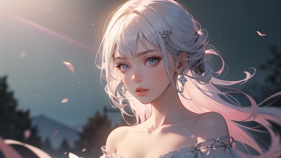 (extremely detailed CG unity 8k wallpaper, best quality, masterpiece, emilie_t8, off shoulder, russian girl, white hair, pink crop top, photorealistic, cinematic lighting, dramatic lighting, volumetric lighting, intricate details, delicate features, porcelain skin, piercing blue eyes, elegant pose, alluring expression, soft pink lips, detailed fabric and textures, beautiful background scenery, sweeping landscape)