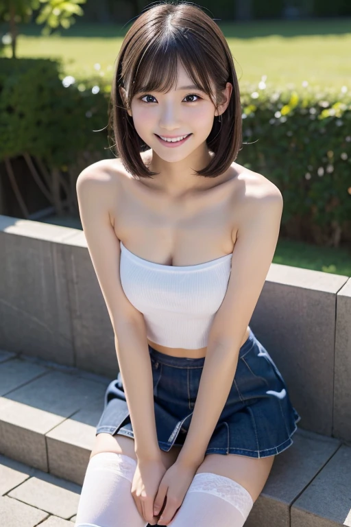 idol, One girl, Japanese, Middle school students, prety, Sparkling eyes, No body hair, Thin legs, Attention to detail, Highest quality, High resolution, bobbed hair, short bob, tube top, over knee socks, leaning forward, smile, laugh, Anatomically correct, Textured skin, high quality, high quality, high details, best quality, highres, super detail, accurate, high details, best quality, highres, super detail, accurate