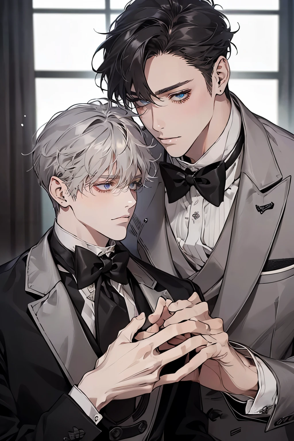 (Mastepiece)、(Best Quality)、Very detailed、((Two butlers:1.5))、Perfect Face、Beautiful Face、Very detailedな顔、(Black-haired man:1.3)、(Grey-haired man:1.3)、Deacon&#39;s uniform