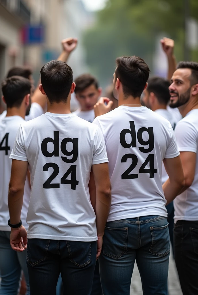 Many Men Campaigning, Hands Clenched, White T-Shirts, On The Backs Written "DG-QU24" In Big Letters