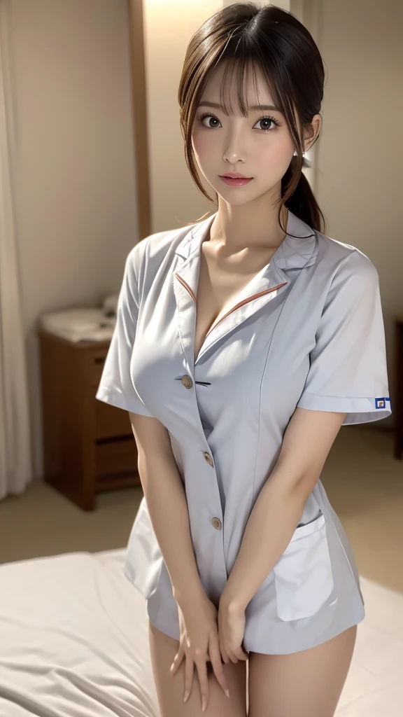 masterpiece, Highest quality, figure, Very detailed, In detail, High resolution, 8k wallpaper, Perfect dynamic composition, Beautiful attention to detail , slender, Hospital room, ((Japanese nurse uniform, The button is off, Accentuate your breasts)) , Medium-sized breasts with a high firmness, A clean and mature face, ((Mouth open, Shy expression, Blushing), Random sexy poses, (((Photo taken from a distance, from the front)))