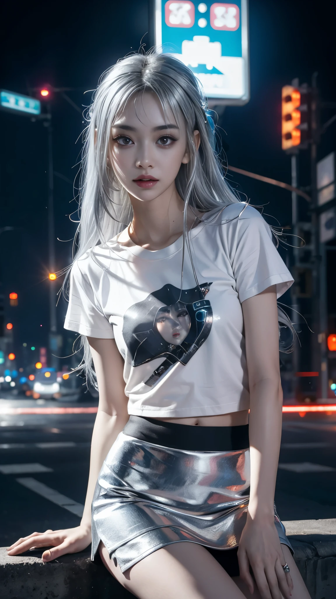 8k, UHD, masterpiece, 1 girl, ((good face)), very long hair, light makeup, (white skin:1.2), detailed eyes, small bust, simple cyberpunk clothing, ((silver t-shirt)), ((mini skirt)), (cyberpunk lighting:1.4), (building roadside), light effect, light reflection, ((spreading lights)), cyberpunk, cybercity, futuristic, (night), ray tracing, bloom, perfect pose, sitting,