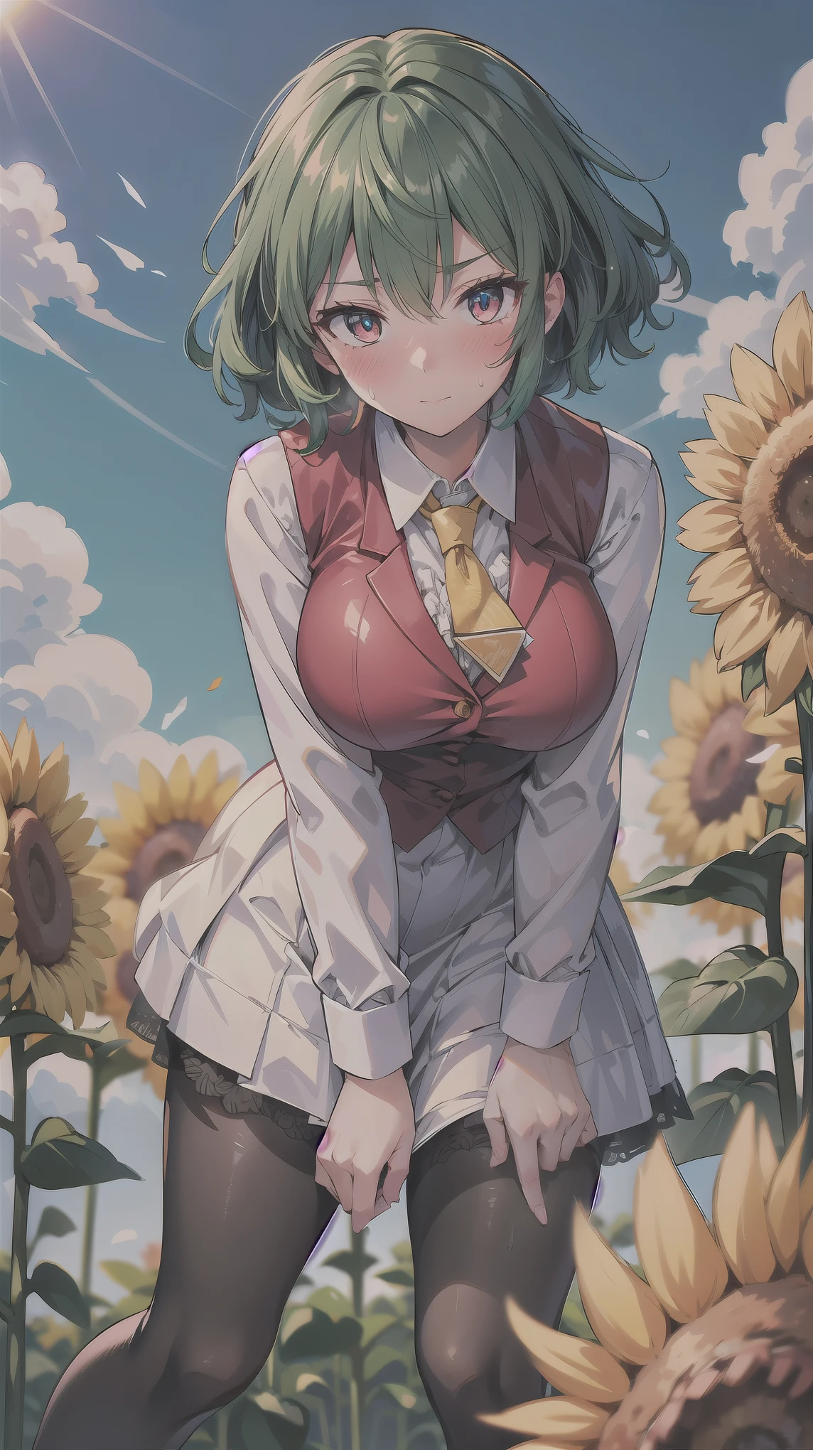 （（super high quality,Ultra-high resolution,16K,super masterpiece,Ultra HD ,Detailed shading,））One Woman,Shiny, bright emerald-colored short hair with large, wind-blown waves,White dress shirt,Long sleeve,Yellow ruffled tie,（Unbuttoned red checked vest,A red checkered very long skirt blown up by the wind,）Black tights,Ruby eyes,Vertical pupil,Sharp Eyes,Embarrassing,blush,Sweaty,Yellow petals rising,Leaning forward greatly,a blue sky with clouds and sun,Sunflower field,