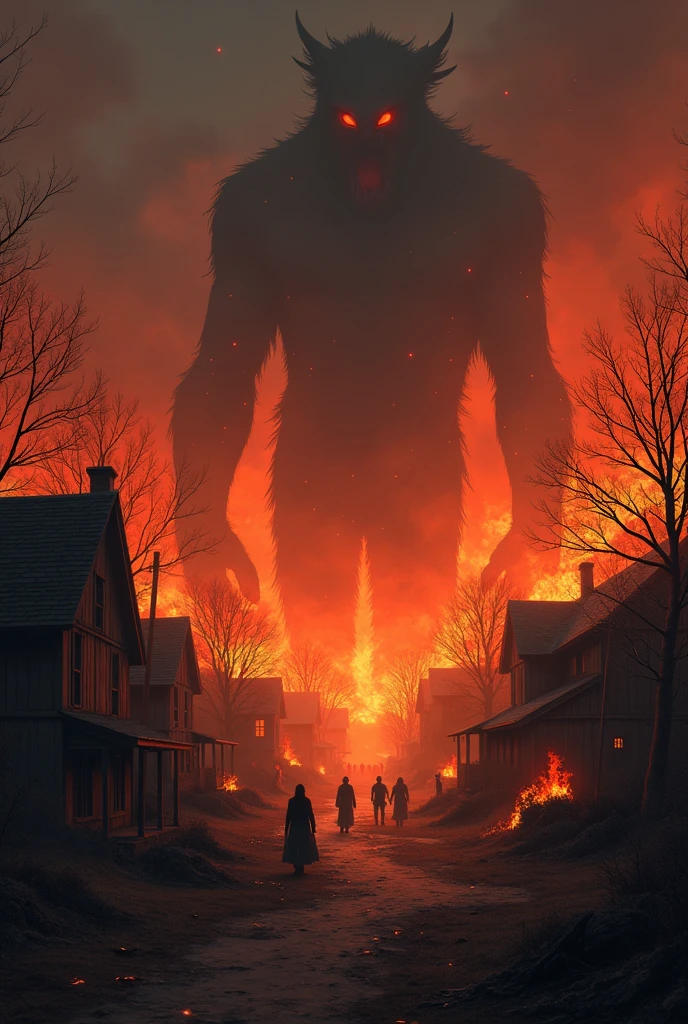 A village on fire with silhouettes of monsters in the background in 2D
