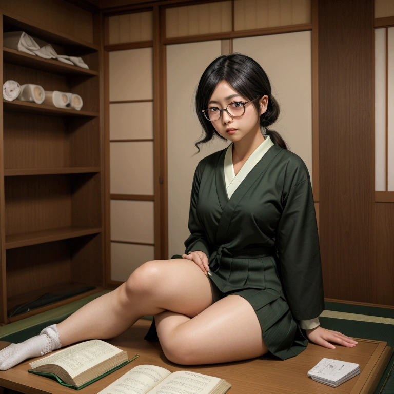 Japanese girl with light skin, green monolid eyes, a soft round face, glossy lips, thick long deep black, big round black wire frame glasses, wearing a Japanese school uniform in a Japanese city