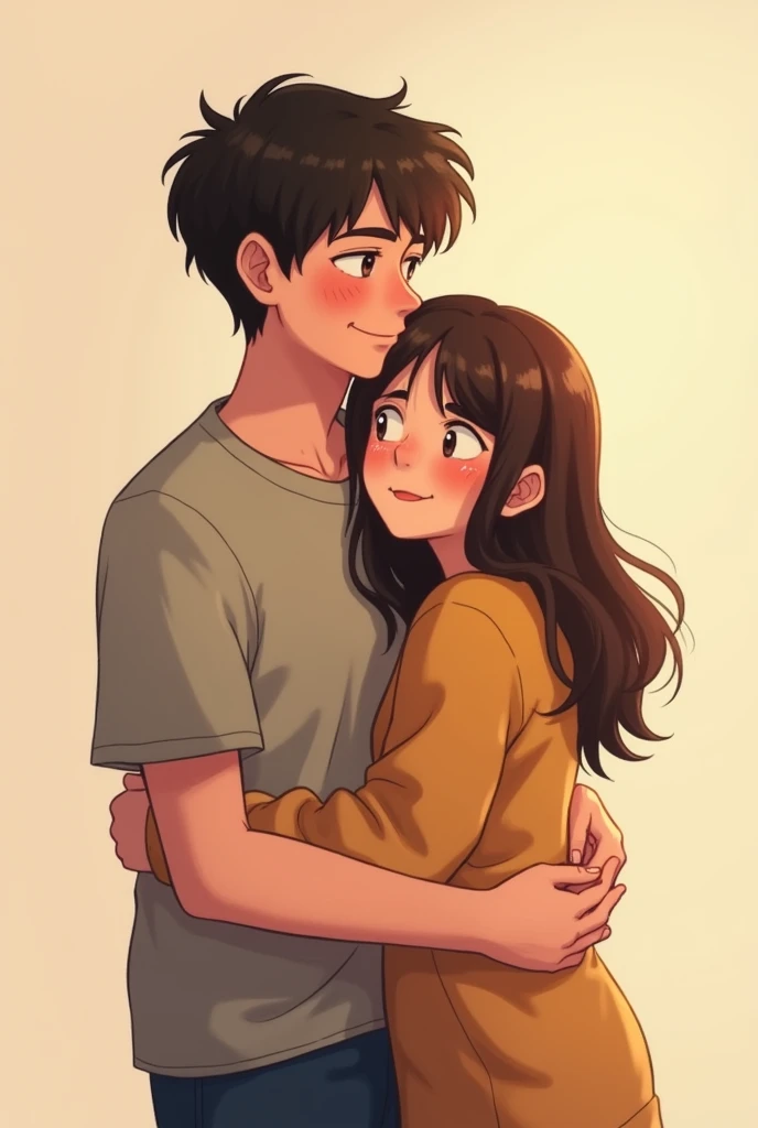 Young people from behind hugging each other