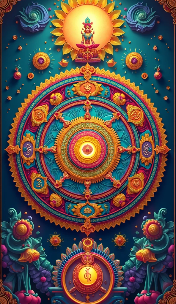 High definition android wallpaper based on colorful, detailed and elaborated mandala illustration on Hindu culture, scriptures &symbols in vedic style and circular form with an aesthetic background