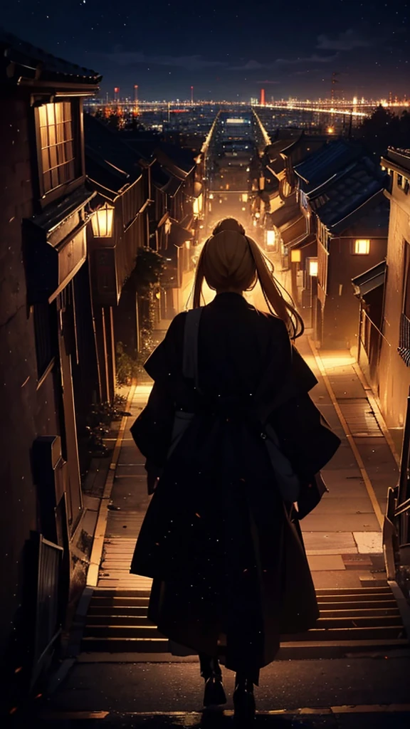 １people々々々々々々々々々々々々々々々々々,Blonde long-haired woman，Long coat， Dress Silhouette， Rear View， Anime Style,evening， Autumn Festival Street，night，City view from the top of the stairs，